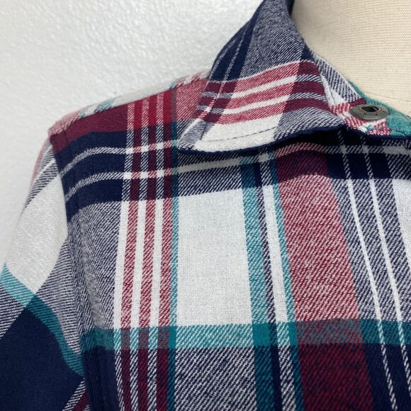 Orvis Womans Plaid Cotton Shacket Medium Blue Red Snap Front Pockets Chore Work - Picture 3 of 12